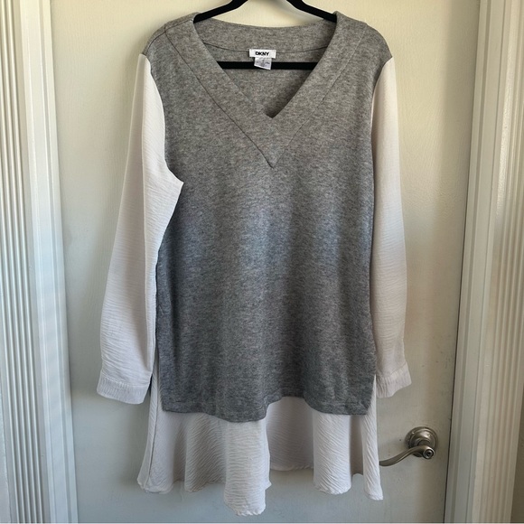 DKNY Colorblocked Gray and White Long Sleeve V-Neck Sweater Dress Size L - Picture 2 of 8